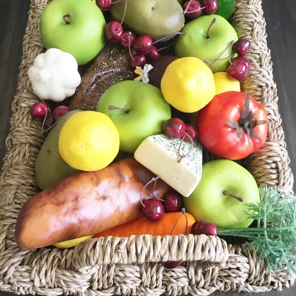 Faux Decorative Realistic Artificial Fake Fruit Apples Bread Cherries Basket - Picture 2 of 7